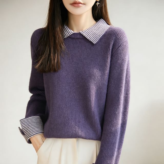 Weelop-Mock Two-Piece Long-Sleeve Striped Collar Sweater
