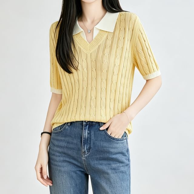 Weelop-Mock Two-Piece Short-Sleeve Collared Two Tone Cable Knit Top