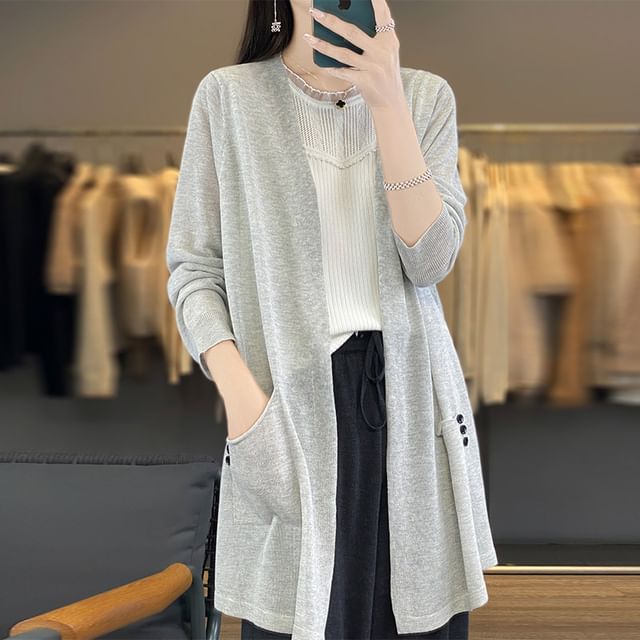 Weelop-Open Front Plain Long Cardigan