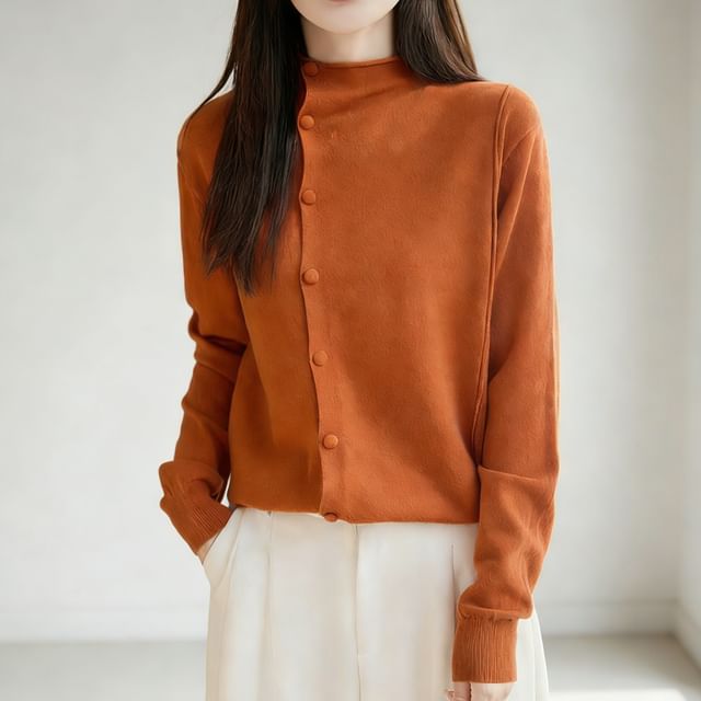 Weelop-Plain Asymmetrical Button-Up Cardigan