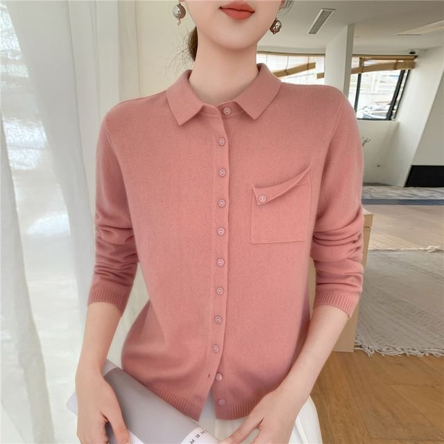 Weelop-Plain Button-Up Knit Polo Shirt