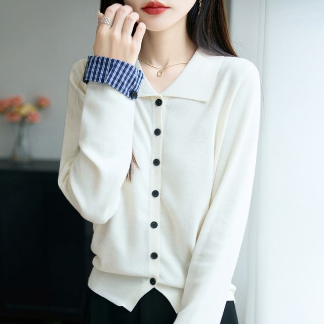 Weelop-Plain Collared Button-Up Cardigan