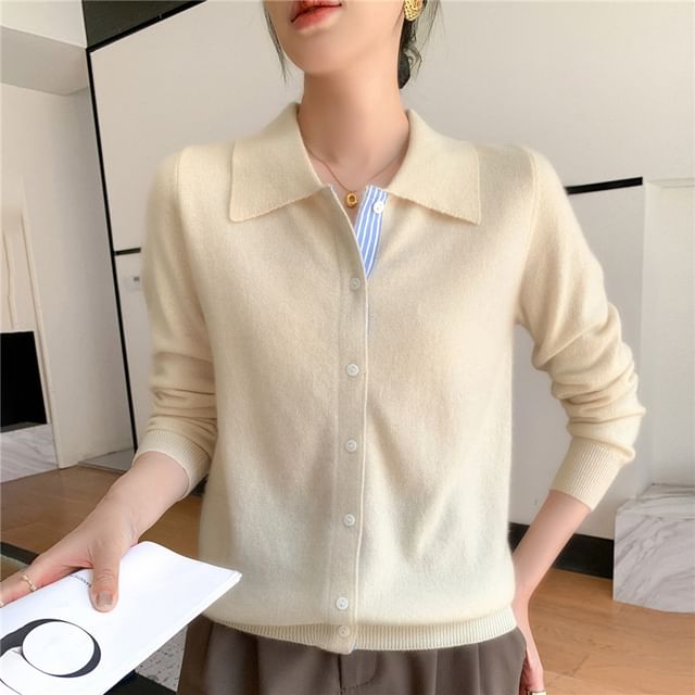 Weelop-Plain Collared Button-Up Cardigan