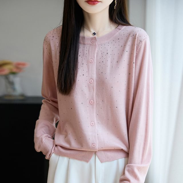 Weelop-Rhinestone Button-Up Cardigan