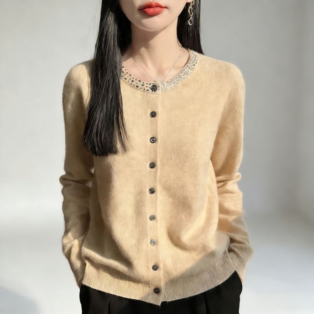 Weelop-Rhinestone Trim Button-Up Cardigan