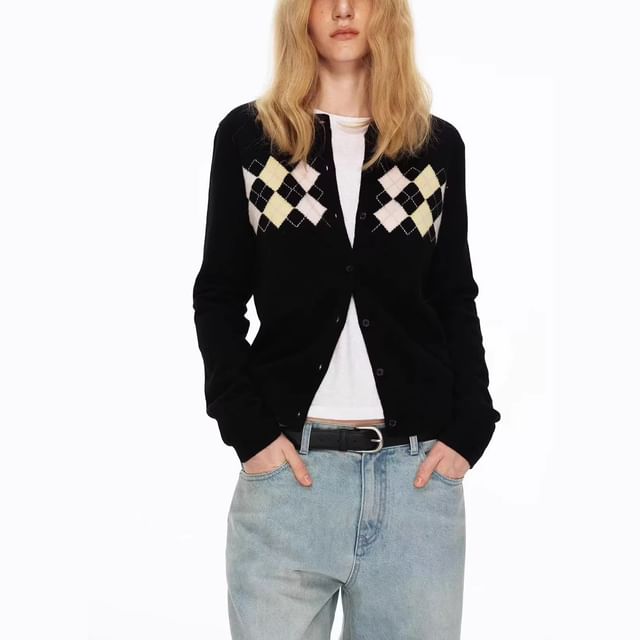 Weelop-Round Neck Argyle Cardigan