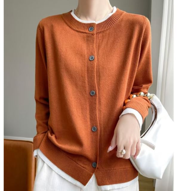 Weelop-Round Neck Contrast Trim Button Up Cardigan