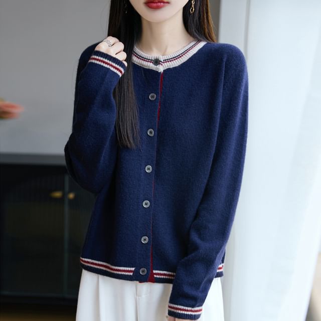 Weelop-Round Neck Contrast Trim Cardigan