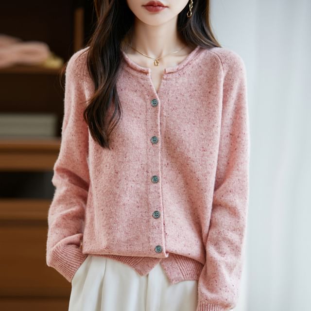 Weelop-Round Neck Melange Button Up Cardigan