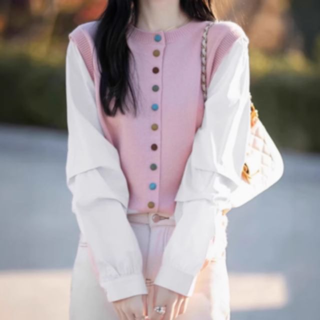 Weelop-Round Neck Mock Two Piece Button Up Cardigan