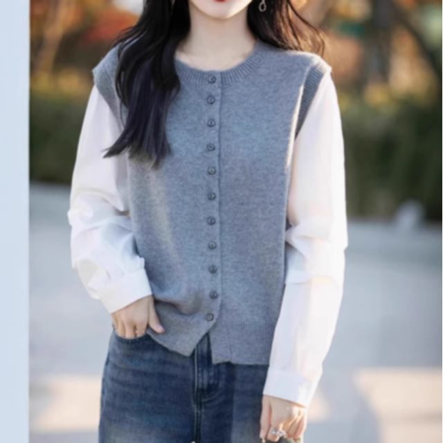 Weelop-Round Neck Mock Two Piece Button Up Cardigan