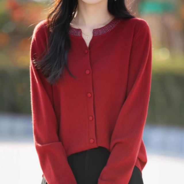 Weelop-Round Neck Plain Button Up Cardigan