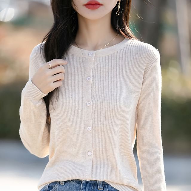 Weelop-Round Neck Plain Ribbed Knit Cardigan