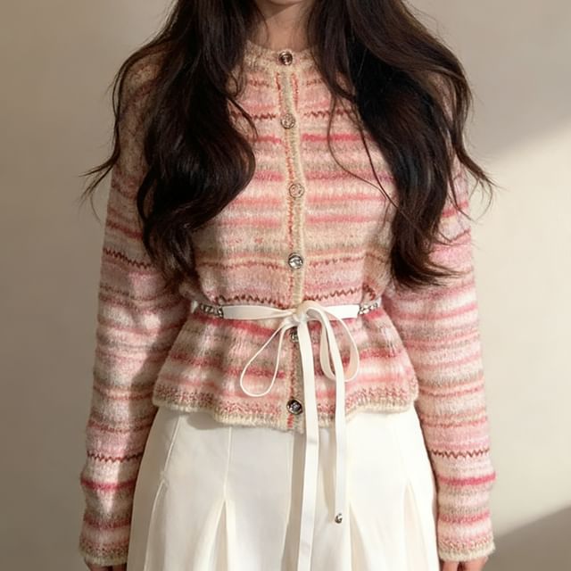Weelop-Round Neck Striped Cardigan