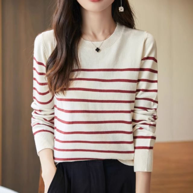 Weelop-Round Neck Striped Sweater