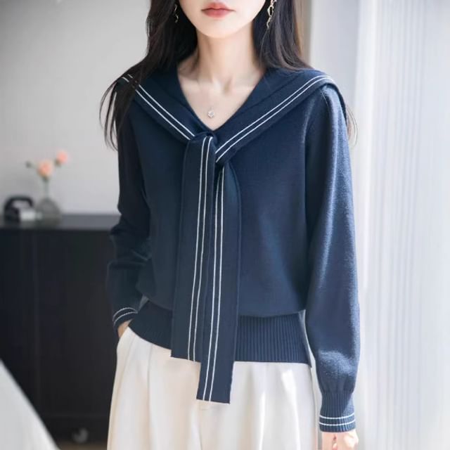 Weelop-Sailor Collar Striped Trim Sweater