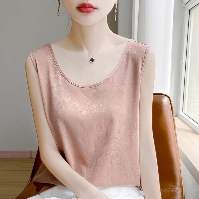 Weelop-Scoop Neck Jacquard Satin Tank Top