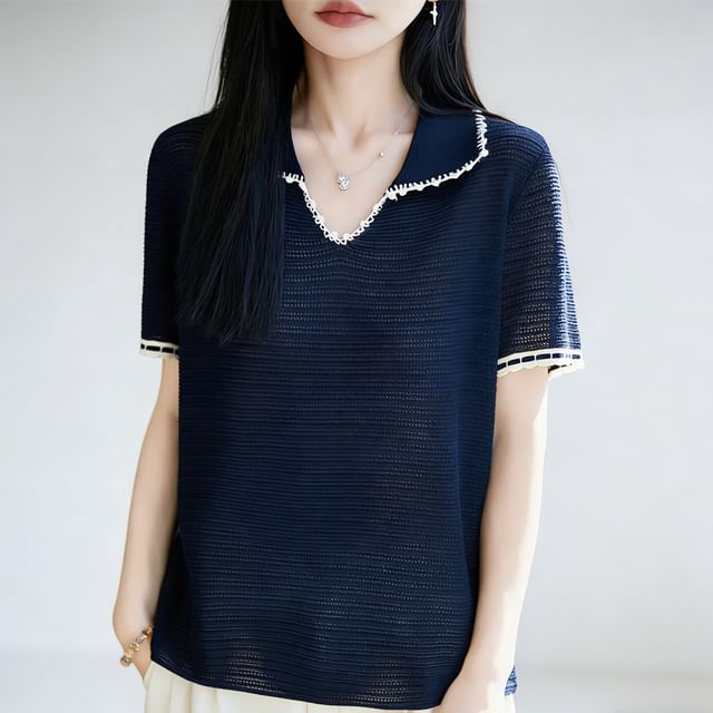 Weelop-Short-Sleeve Beaded Trim Plain Knit Top