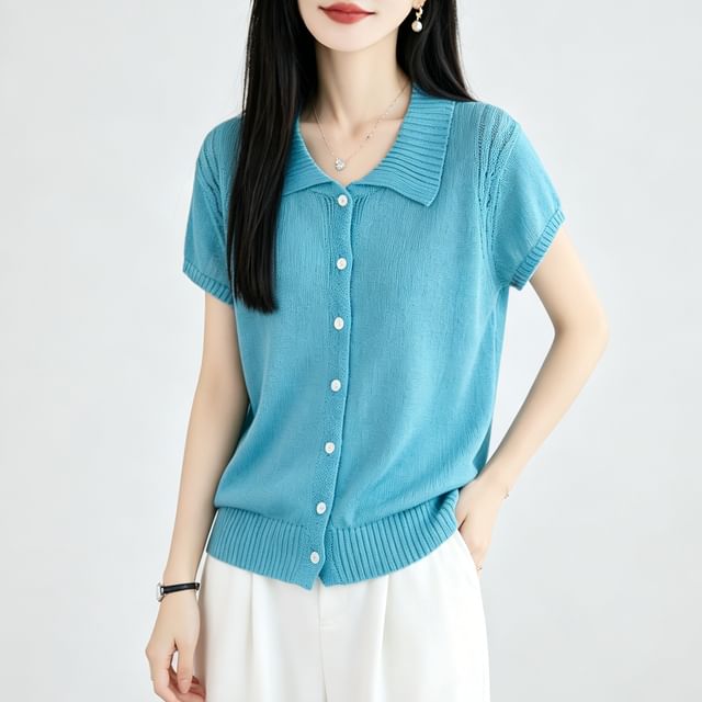 Weelop-Short-Sleeve Collared Button-Up Plain Cardigan