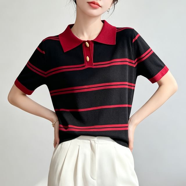 Weelop-Short-Sleeve Collared Striped Polo Shirt