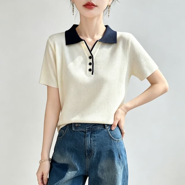 Weelop-Short Sleeve Collared Two Tone Button Knit Top