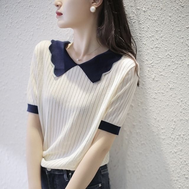 Weelop-Short-Sleeve Contrast Collar Perforated Knit Top