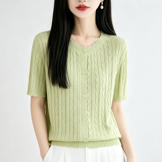 Weelop-Short-Sleeve Crew Neck Button-Up Plain Cable Knit Cardigan
