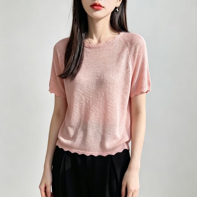 Weelop-Short-Sleeve Crew Neck Plain Scallop Trim Sheer Knit Top
