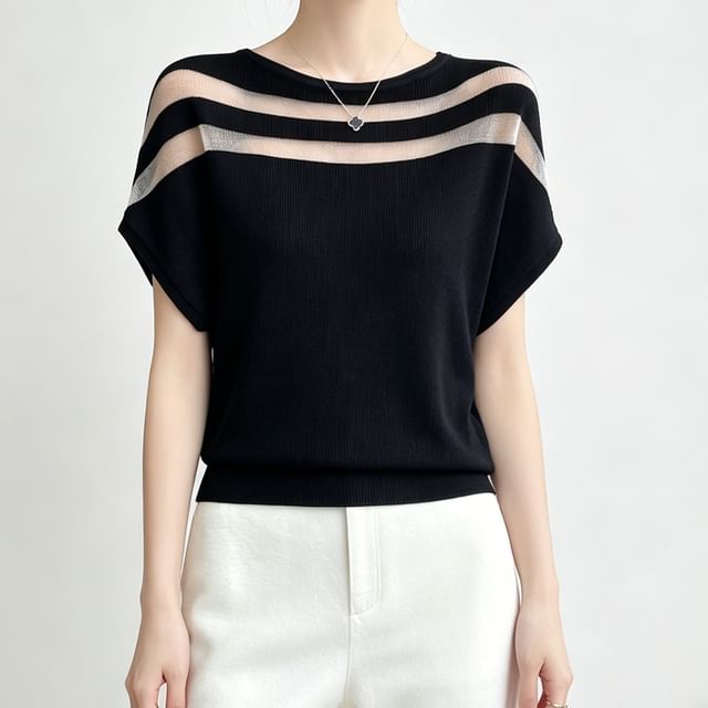 Weelop-Short-Sleeve Crew Neck Sheer Panel Knit Top
