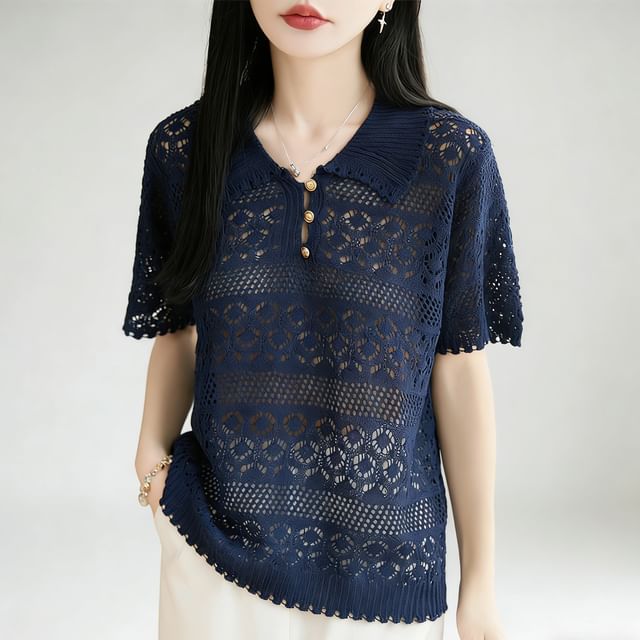 Weelop-Short-Sleeve Crochet Plain Polo Top