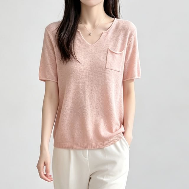 Weelop-Short-Sleeve Notch Neck Plain Knit Top