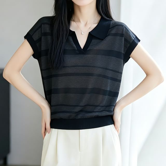 Weelop-Short-Sleeve Notched Striped Knit Top