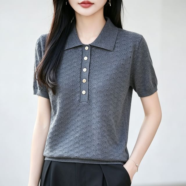 Weelop-Short Sleeve Plain Knit Polo Top