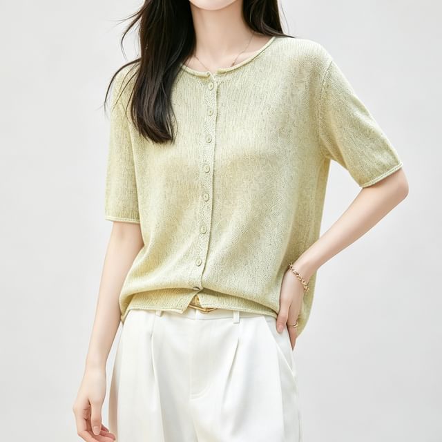 Weelop-Short-Sleeve Round Neck Plain Button-Up Knit Top