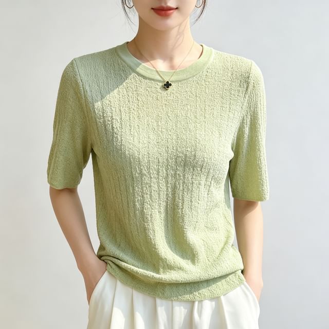 Weelop-Short Sleeve Round Neck Plain Knit Top