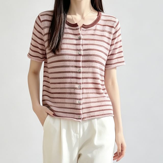 Weelop-Short-Sleeve Round Neck Striped Button Up Knit Top
