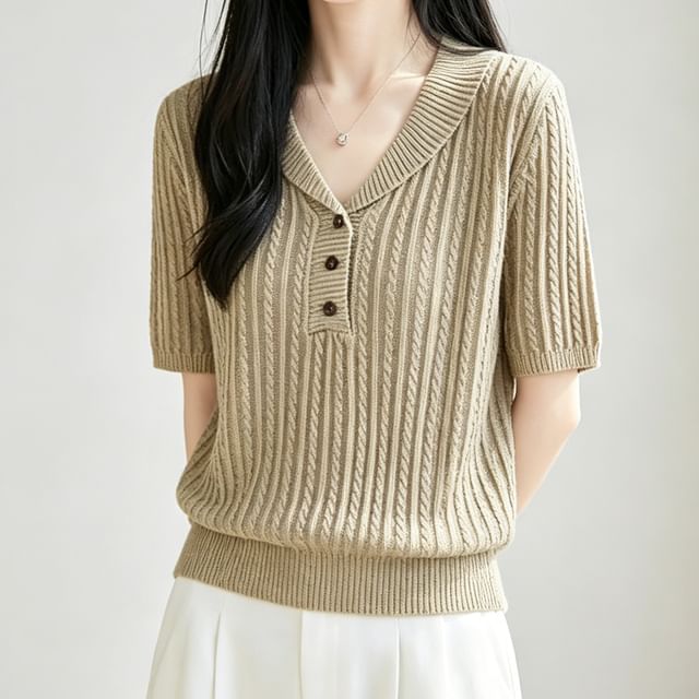 Weelop-Short-Sleeve Shawl Collar Plain Cable Knit Top