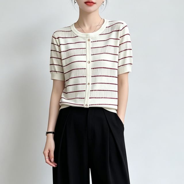 Weelop-Short-Sleeve Striped Button-Up Knit Top