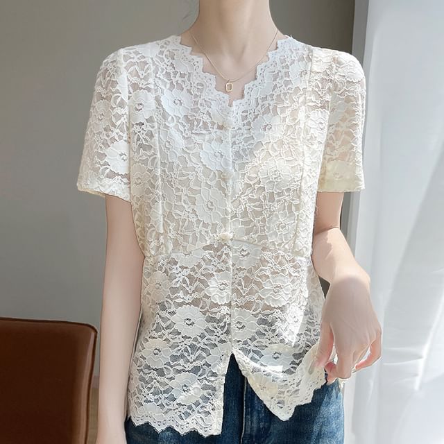 Weelop-Short-Sleeve V-Neck Button-Up Lace Top