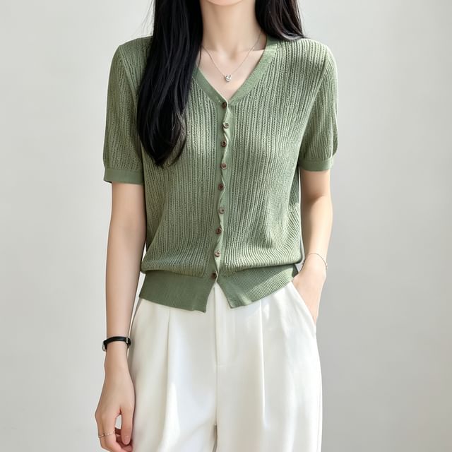 Weelop-Short-Sleeve V-Neck Button-Up Plain Cardigan