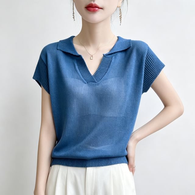 Weelop-Short-Sleeve V-Neck Collared Plain Sheer Knit Top