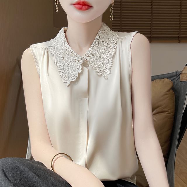 Weelop-Sleeveless Lace Collar Satin Button-Up Top