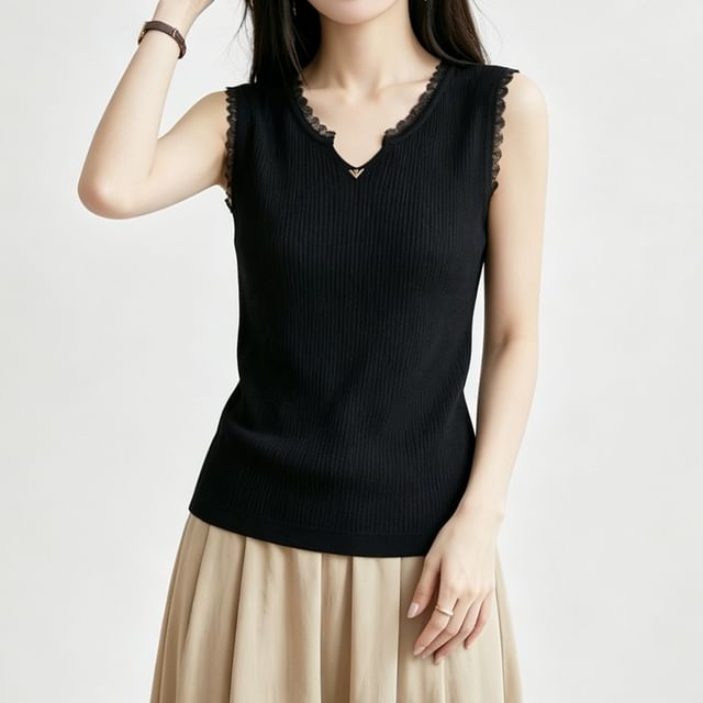 Weelop-Sleeveless Notch Neck Plain Ribbed Knit Top