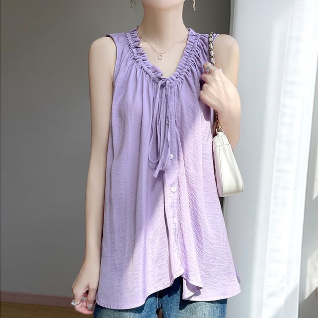 Weelop-Sleeveless V-Neck Plain Ruffled Button-Up Top