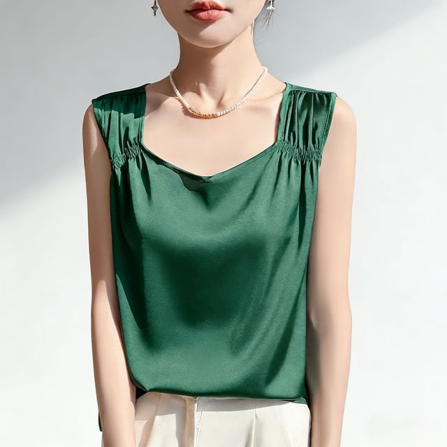 Weelop-Square Neck Plain Ruched Satin Tank Top