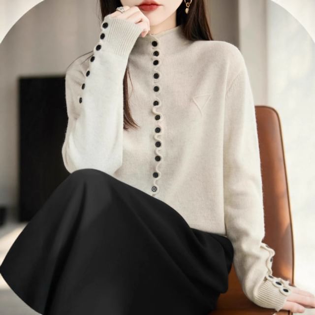 Weelop-Stand Collar Button-Up Plain Cardigan