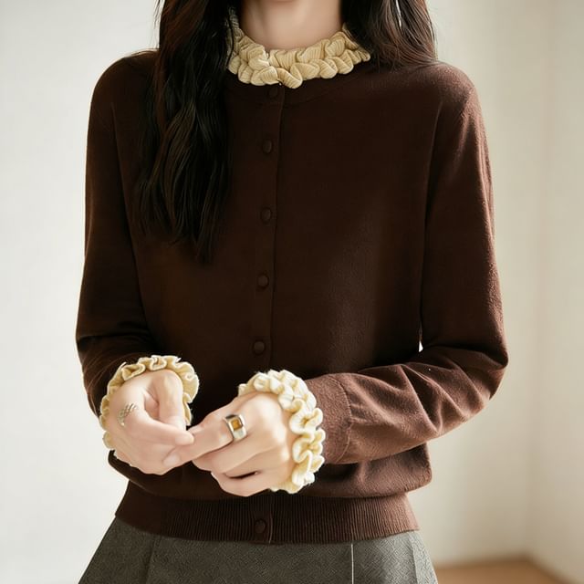 Weelop-Stand Collar Contrast Frill Trim Button-Up Cardigan