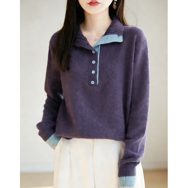 Weelop-Stand Collar Contrast Trim Half-Buttoned Sweater