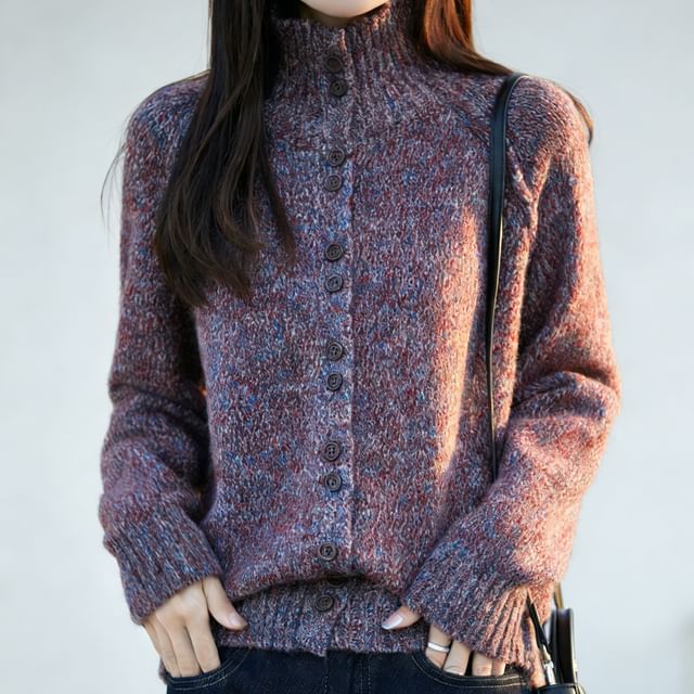 Weelop-Stand Collar Melange Button-Up Cardigan