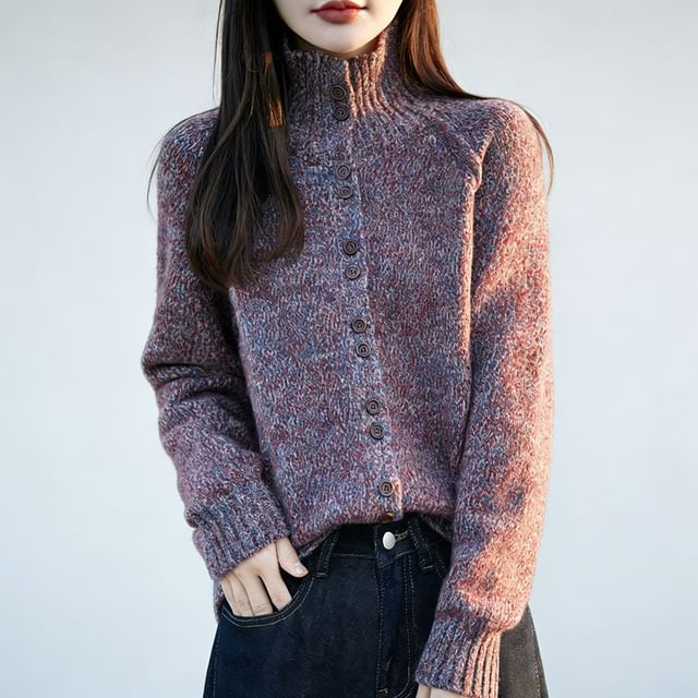 Weelop-Turtleneck Melange Button-Up Cardigan